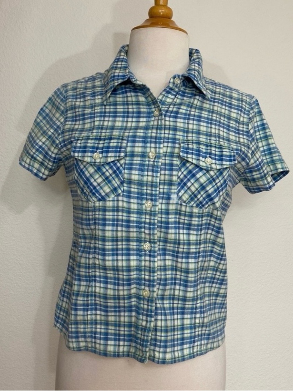 At Last & Co Juniors Blue Green Plaid Cotton Short Sleeve Button Shirt Size M